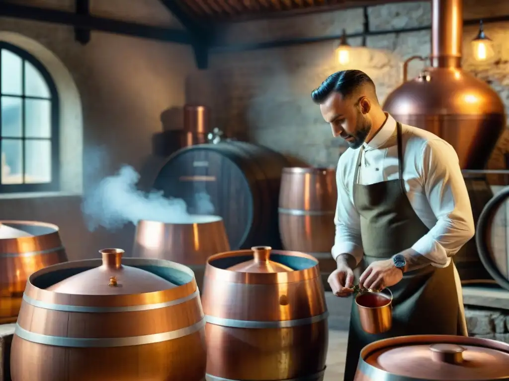 Destilería francesa tradicional: cobre y barricas Destilación de brandy en Francia: Un artesano atiende el proceso en una destilería tradicional francesa