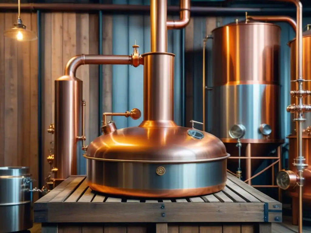 Destilación artesanal en alambique de cobre: sin aditivos Destilación de bebidas alcohólicas sin aditivos: Imagen detallada de un alambique de cobre en destilería rústica