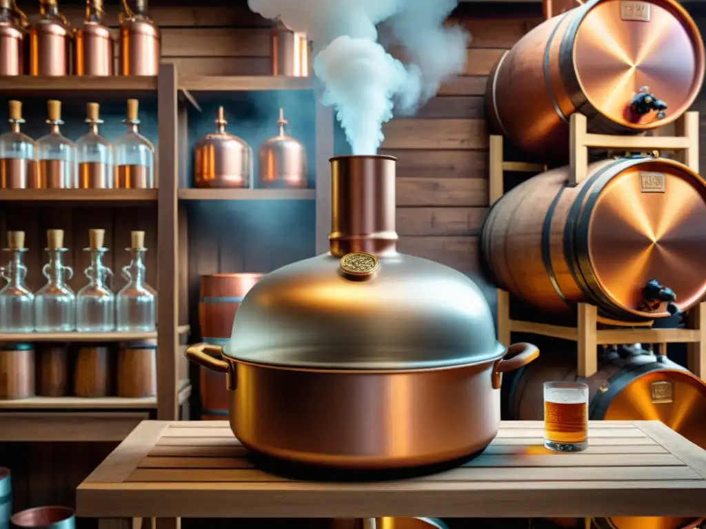 Destilación artesanal en alambique de cobre: tradición y maestría Una destilación de bebidas alcohólicas sin aditivos en un alambique de cobre vintage en una destilería rústica, con barriles y botellas de vidrio