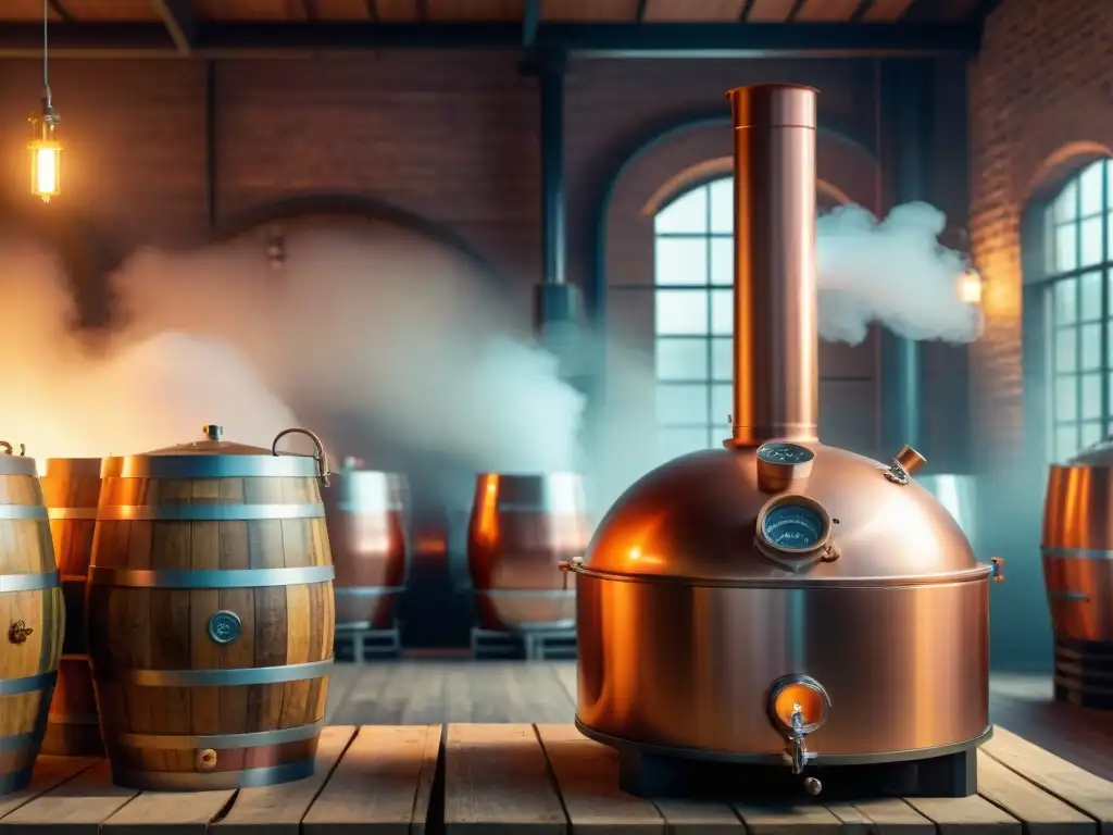 Destilación moderna en destilería vintage: ilustración 8k detallada Destilación de bebidas alcohólicas: alambique moderno en destilería iluminada, barricas de roble, símbolos indígenas