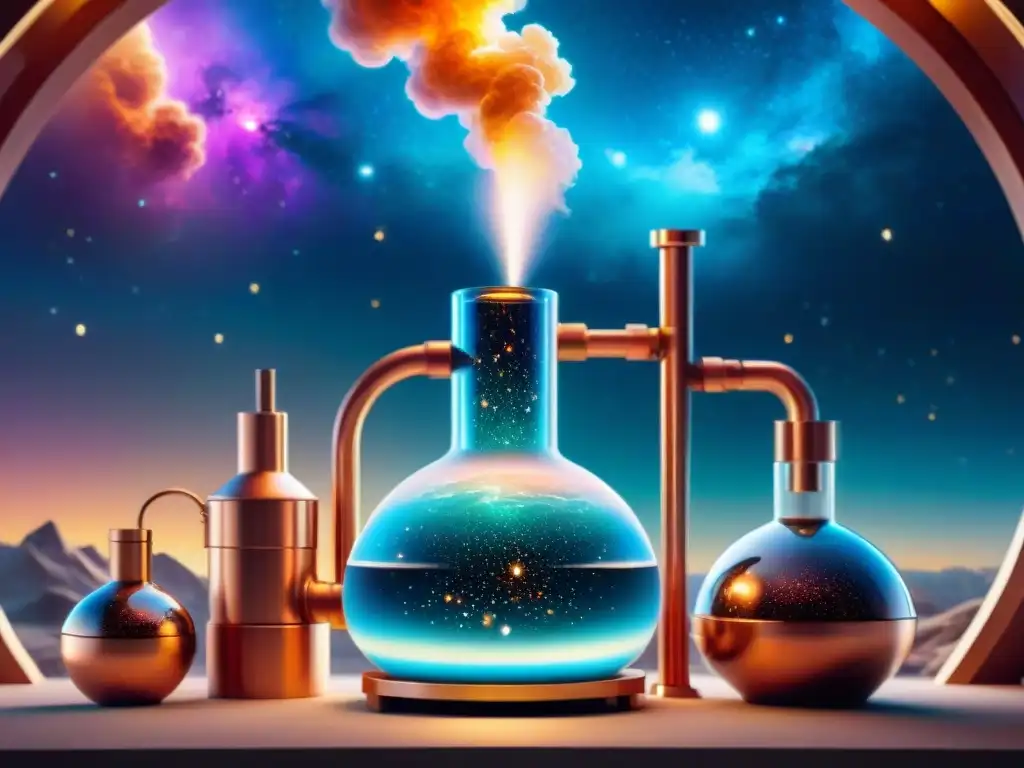 Destilería espacial futurista en galaxia vibrante Destilación de bebidas alcohólicas artesanales en una destilería espacial futurista rodeada de nebulosas y estrellas brillantes