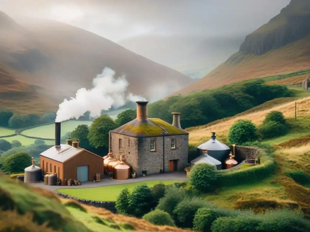 Destilería escocesa en las Tierras Altas: 8k detallado Destilación de bebidas alcohólicas en Escocia: Una destilería tradicional escocesa en las Tierras Altas, rodeada de vegetación y neblina, con un alambique de cobre brillando al sol y un trabajador supervisando el proceso