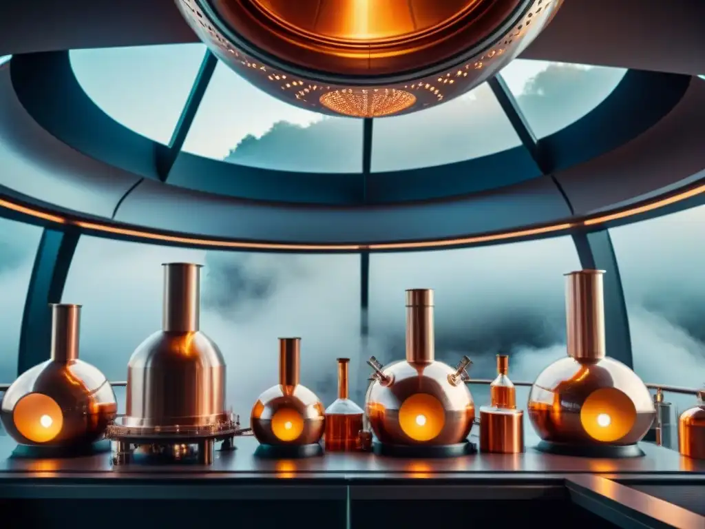 Destilería espacial retro: fusión de tecnología avanzada y métodos clásicos Destilación de bebidas alcohólicas en el espacio: Una destilería retro en una nave futurista, con equipos de cobre y líquidos flotantes