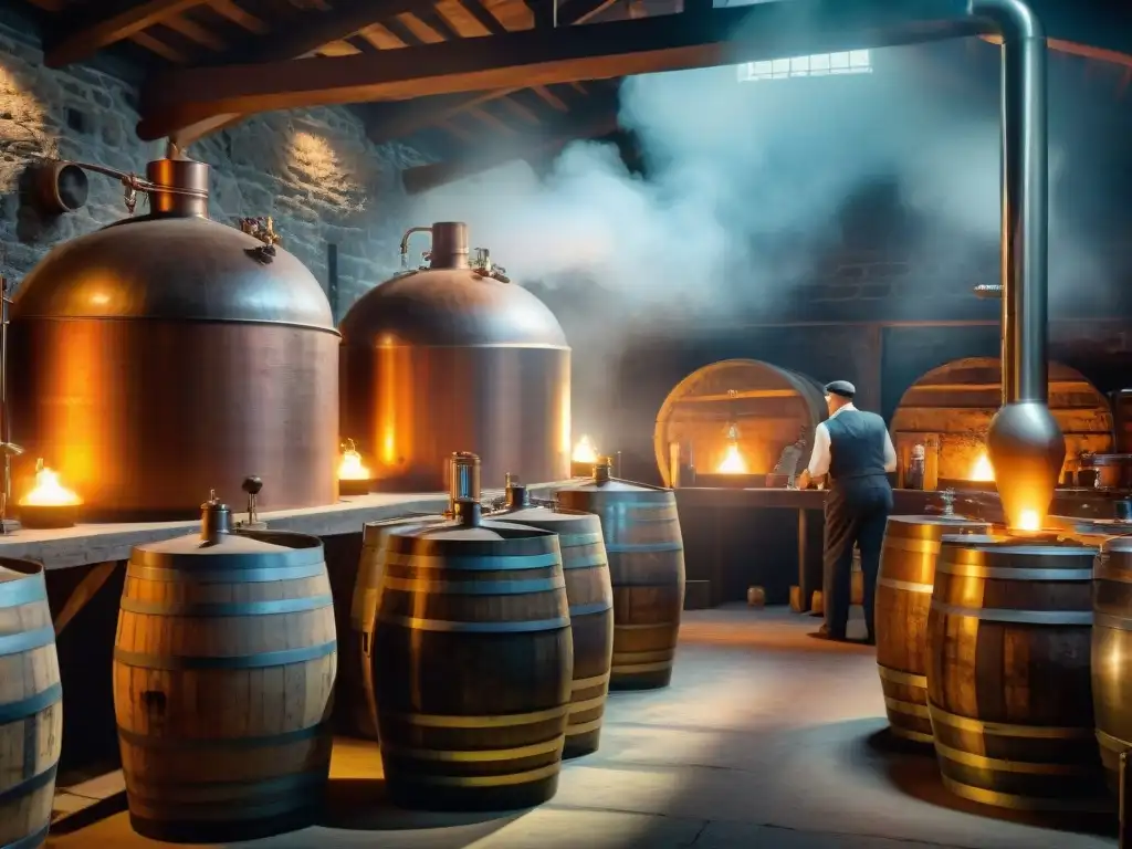 Destilería histórica de los años 1900: destiladores en acción Destilación de bebidas alcohólicas históricas en una destilería del siglo XIX con alambiques de cobre relucientes y barricas de madera apiladas, trabajadores en atuendos tradicionales supervisando el proceso
