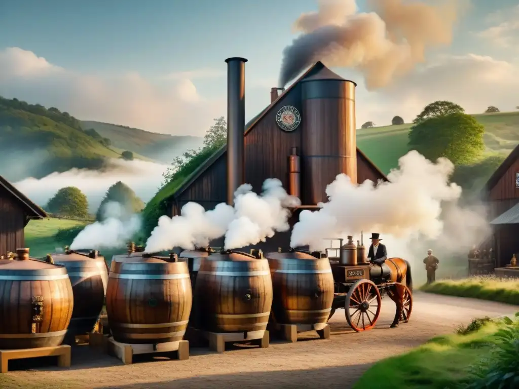 Destilería histórica en pleno auge: operación artesanal en los 1900s Destilación de bebidas alcohólicas históricas: Ilustración detallada de una destilería antigua en pleno funcionamiento en los años 1900
