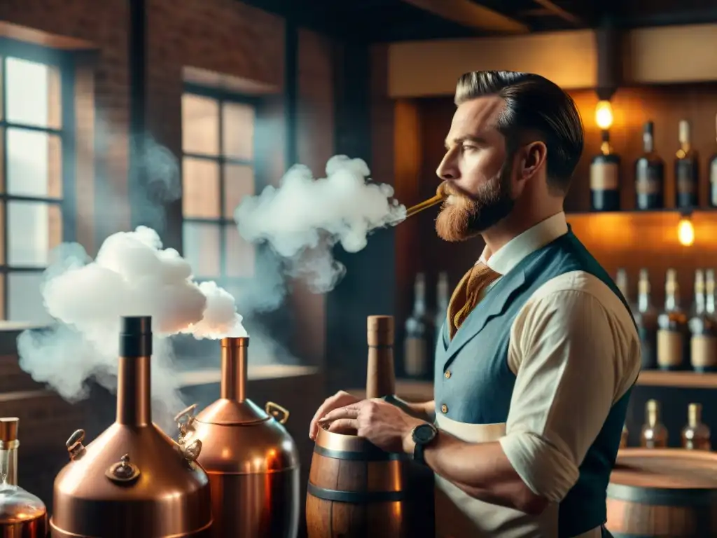 Destilería histórica: escena detallada con alambiques de cobre, barricas de madera y artesanos creando bebidas Destilación de bebidas alcohólicas históricas en una escena detallada de una destilería vintage con alambiques de cobre y barricas de madera