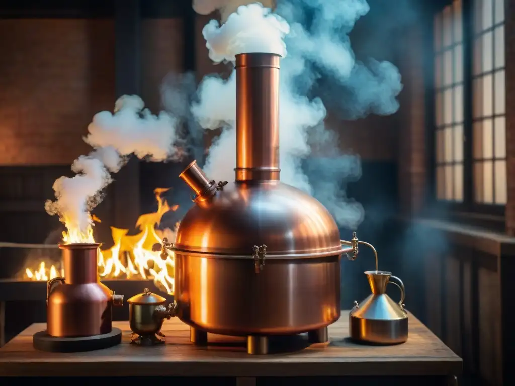 Destilación artesanal: alambique de cobre vintage iluminado Destilación de bebidas alcohólicas: Imagen vintage de un alambique de cobre en una habitación tenue, resaltando detalles y tradición artesanal