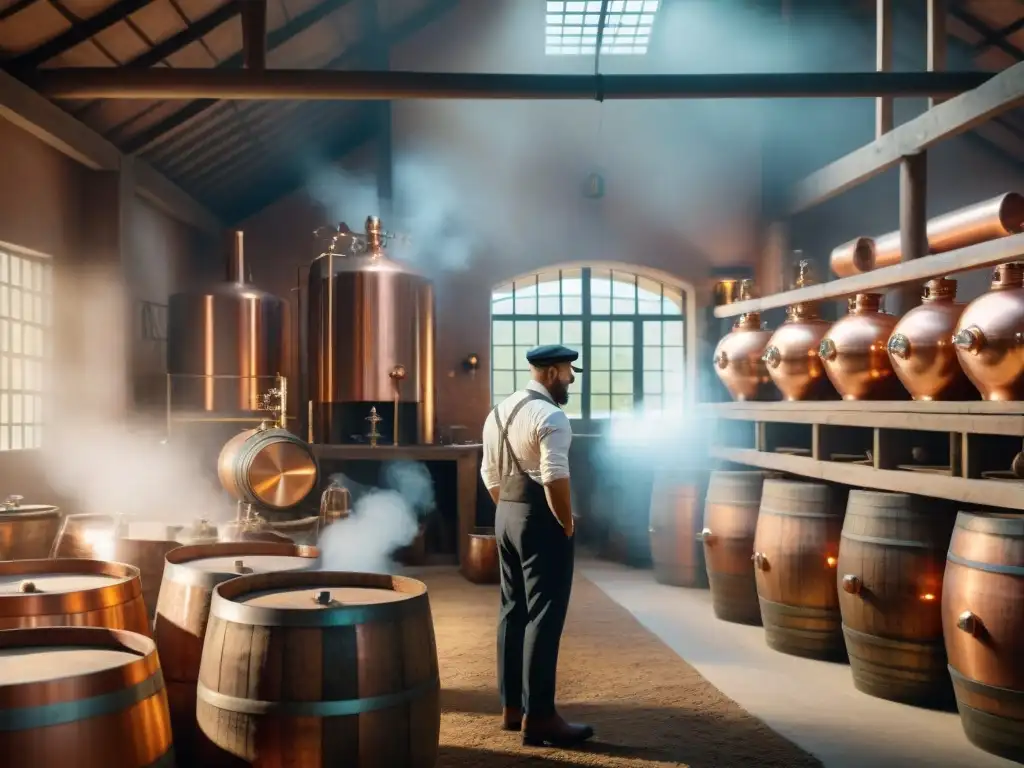 Destilación ancestral y moderna en destilería latinoamericana Destilación de bebidas alcohólicas en América Latina: Escena detallada de una destilería tradicional en el campo latinoamericano, fusionando técnicas antiguas con equipamiento moderno