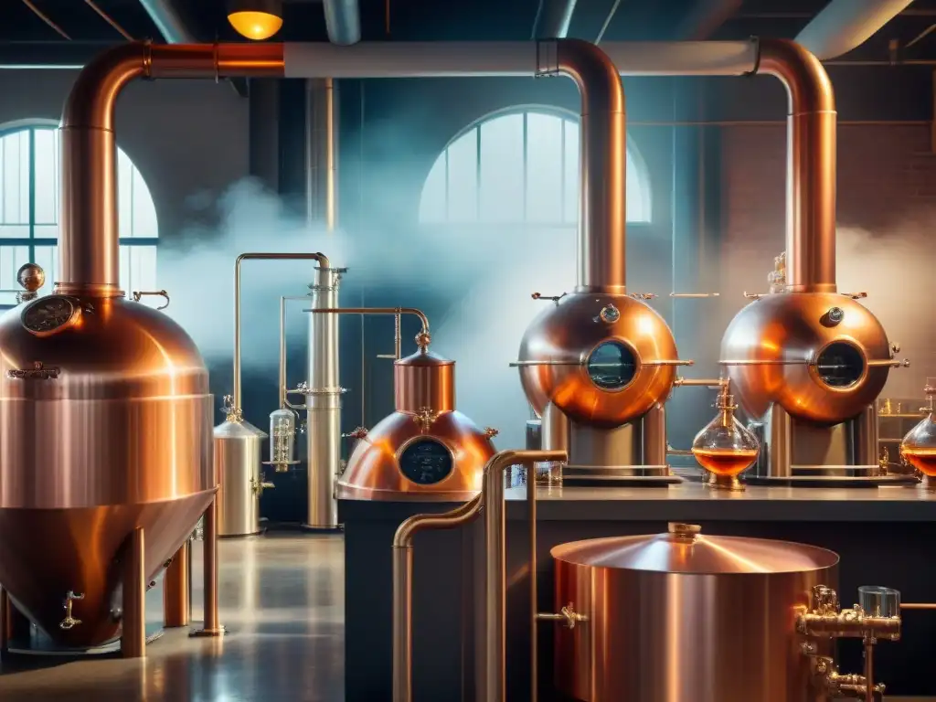 Destilería moderna: fusión de tecnología y tradición Una destilación de bebidas alcohólicas moderna con destilería y alambiques de cobre relucientes, mixólogos innovadores y ambiente sofisticado