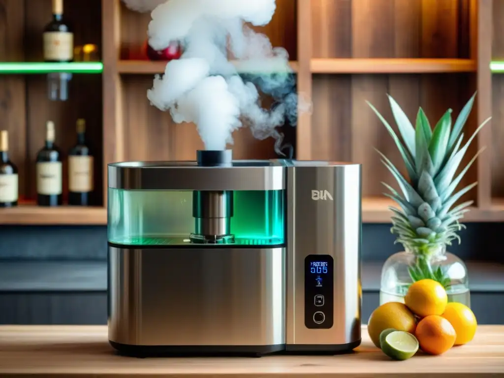 Destilación moderna con estilo vintage: infusiones precisas y deliciosas Una destilación de bebidas alcohólicas moderna: ambiente sofisticado con máquina sous vide rodeada de ingredientes premium en un bar de madera