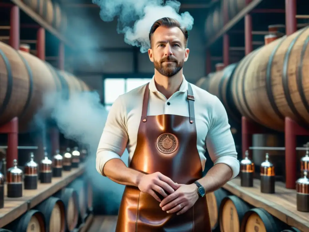 Destilación moderna: alambique de cobre en destilería elegante Una destilación de bebidas alcohólicas moderna con una alambique de cobre en una destilería elegante, rodeada de licores premium en barricas de roble