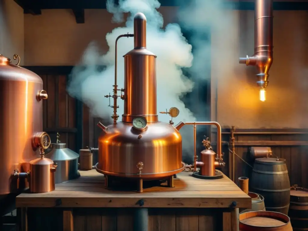 Destiladora de cobre vintage: arte y tradición en destilería Una destilación de bebidas alcohólicas moderna: una antigua alambique de cobre reluciente en una destilería rústica