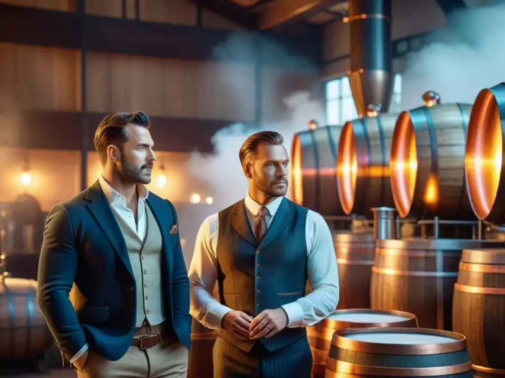 Destilería histórica: maestros del destilado moderno Destilación de bebidas alcohólicas moderna en histórica destilería con alambiques de cobre relucientes y ambiente vintage