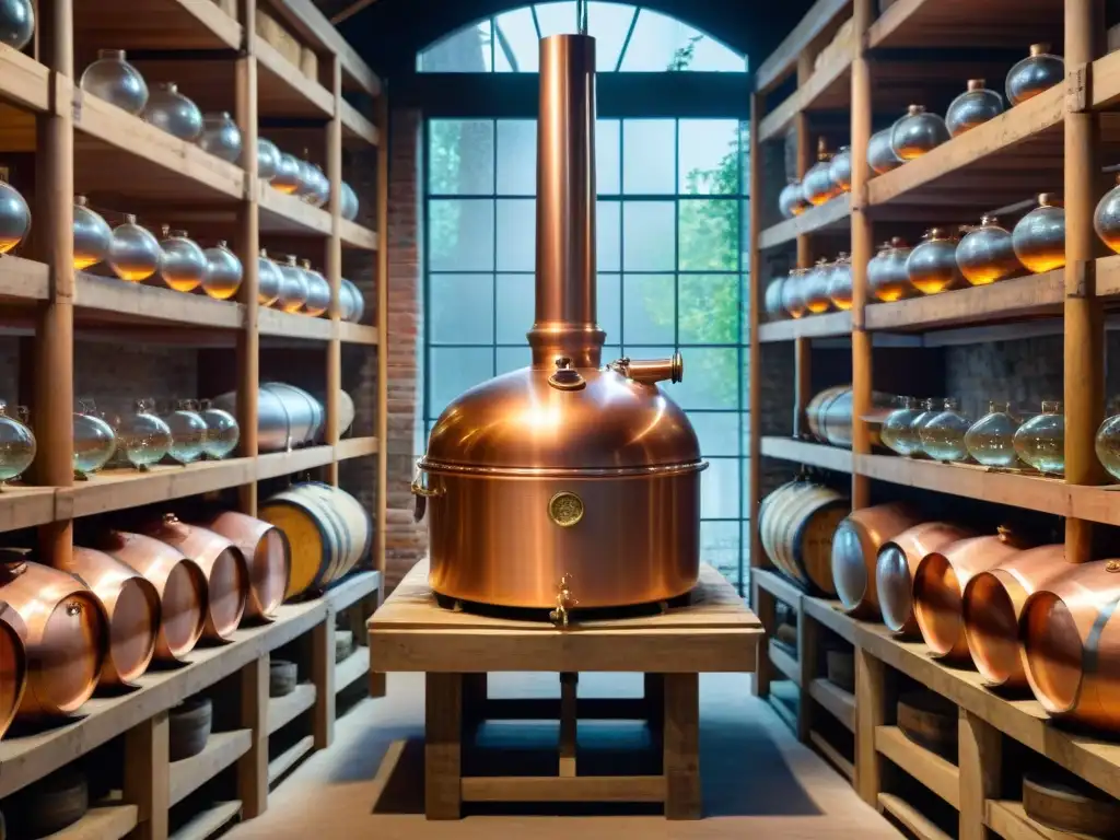 Destilación artesanal: alambique de cobre en destilería vintage Destilación de bebidas alcohólicas moderna: Detalle de alambique de cobre en destilería rústica con barriles de roble y botánicos
