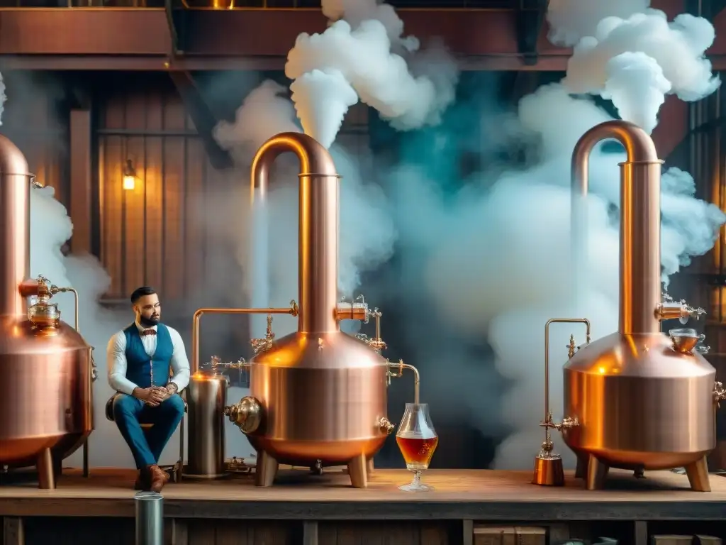 Destilación artesanal: alquimia líquida en antigua destilería Destilación de bebidas alcohólicas modernas: Detallada ilustración vintage de un sofisticado proceso de destilación en una destilería atmosférica