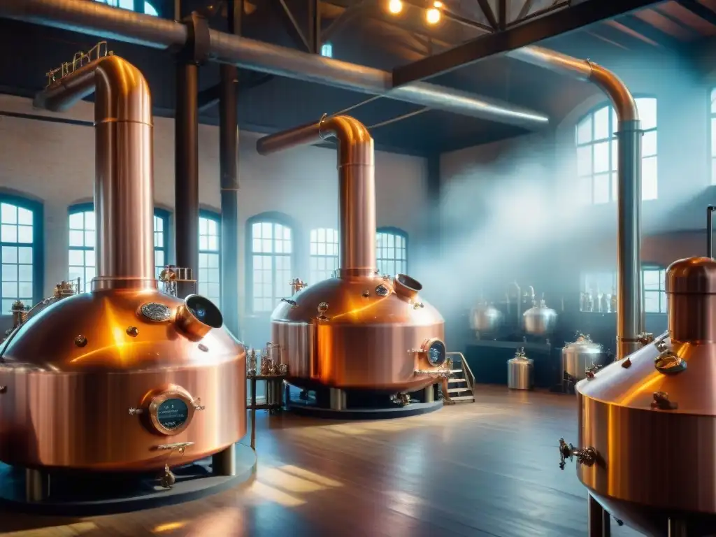 Destilería de alta gama: tradición y tecnología en la producción de licores premium Destilación de bebidas alcohólicas modernas en destilería vintage de alta tecnología