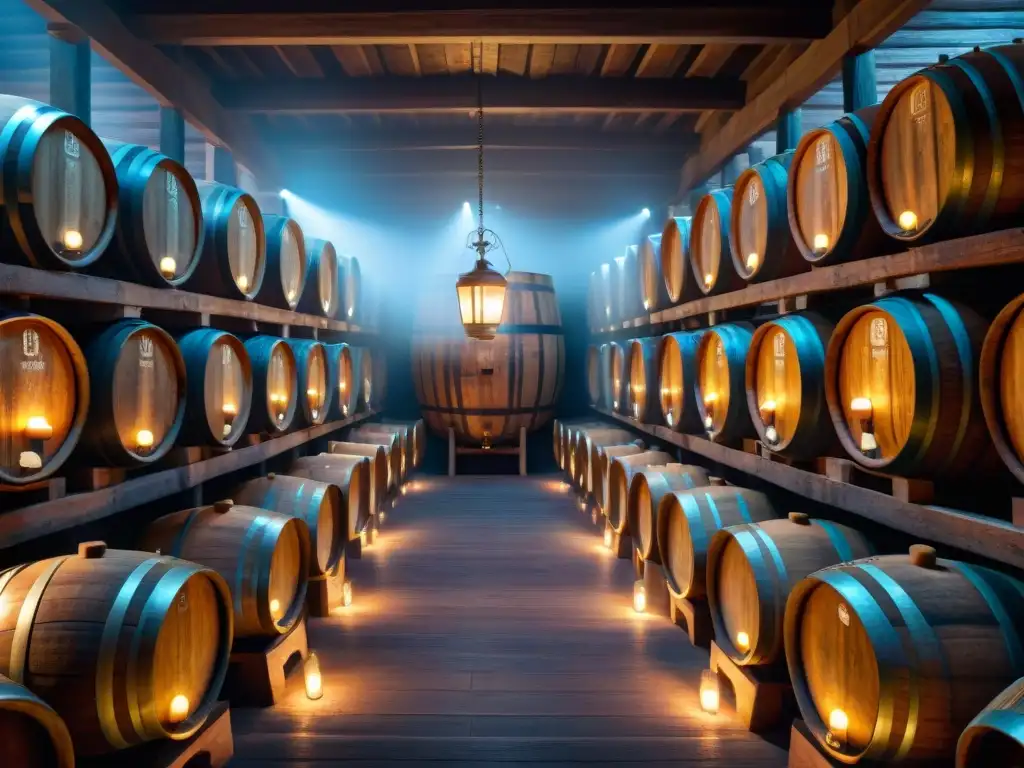 Bodega de barriles de roble centenarios: elegancia y misterio en 8k Destilación de bebidas alcohólicas modernas en bodega de barricas de roble antiguo iluminada por velas, con un ambiente de elegancia y misterio