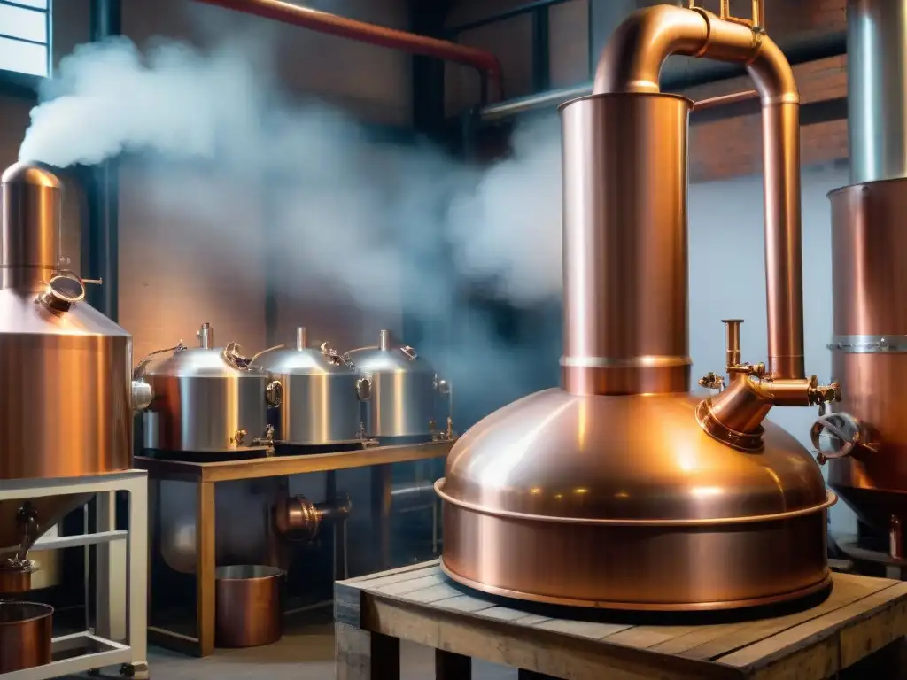 Alambique de cobre vintage en destilería: detalle artesanal Destilación de bebidas alcohólicas modernas en una destilería antigua iluminada, resaltando detalles de la maquinaria de cobre y barriles envejecidos