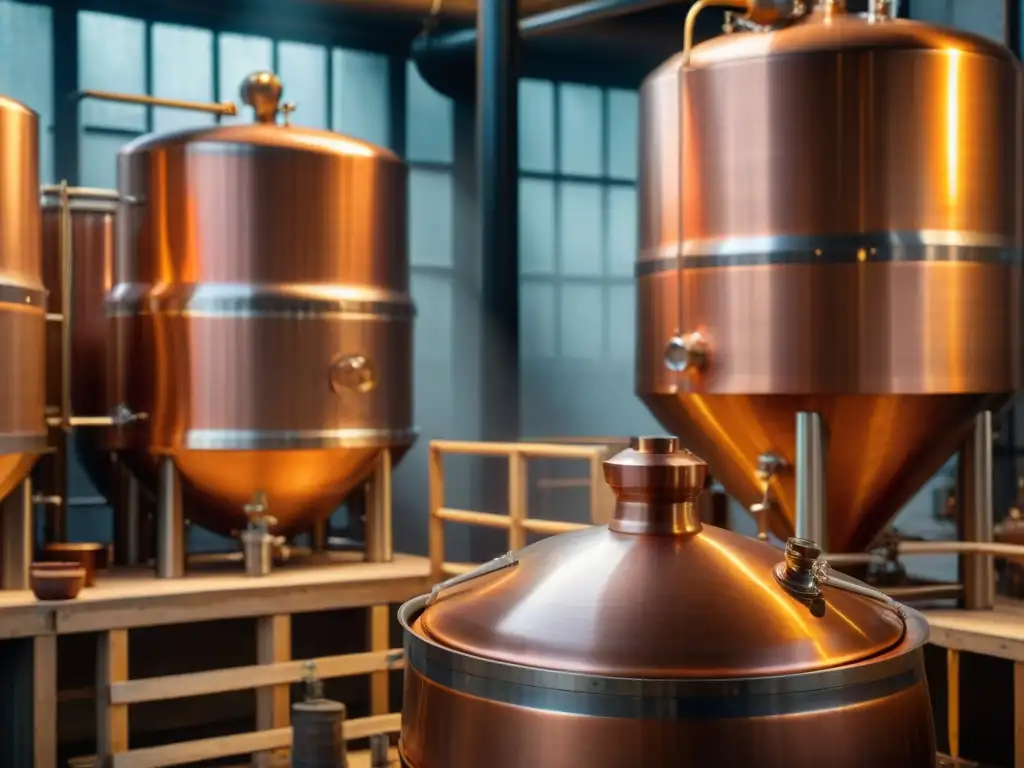 Alambique de cobre vintage en destilería, detalle artesanal Destilación de bebidas alcohólicas modernas: Imagen detallada de un alambique de cobre vintage iluminado en una destilería