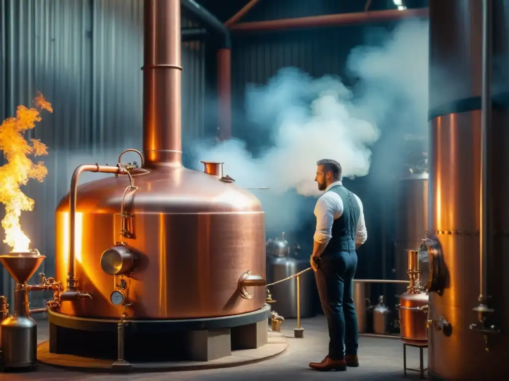 Destilación de cobre: maestría en fuego y técnica moderna Destilación de bebidas alcohólicas modernas: destilador monitorizando el proceso mientras las llamas danzan en alambique de cobre vintage