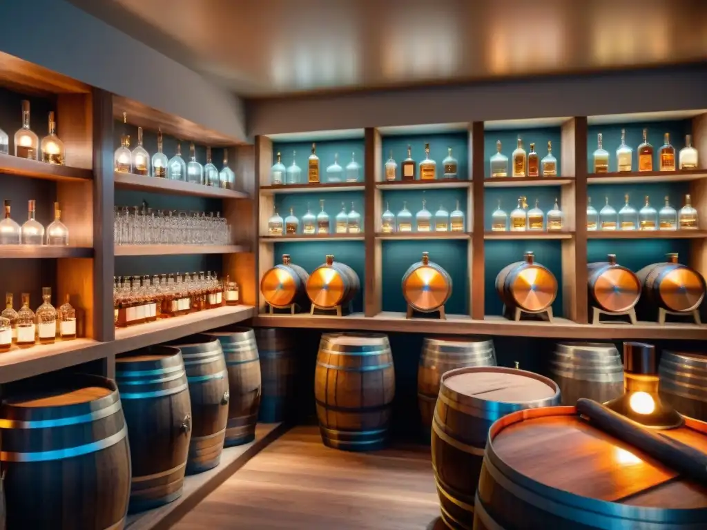 Destilería vintage con alambiques de cobre y barricas de licor Destilación de bebidas alcohólicas modernas en destilería vintage con barricas de roble y destilador de cobre iluminado cálidamente