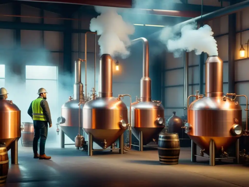 Destilería vintage: destilando historia con maestría Destilación de bebidas alcohólicas modernas en una destilería vintage llena de encanto y tradición