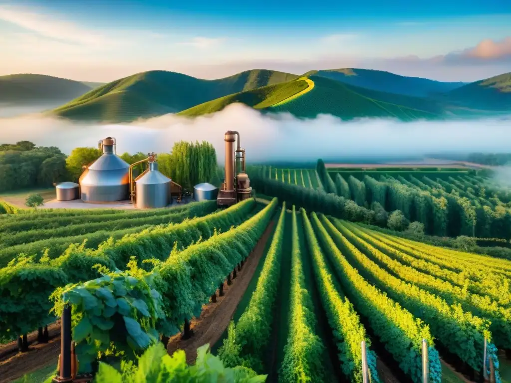 Destilería moderna entre viñedos y bosques Destilación de bebidas alcohólicas modernas en una destilería vintage rodeada de viñedos verdes y operarios en acción