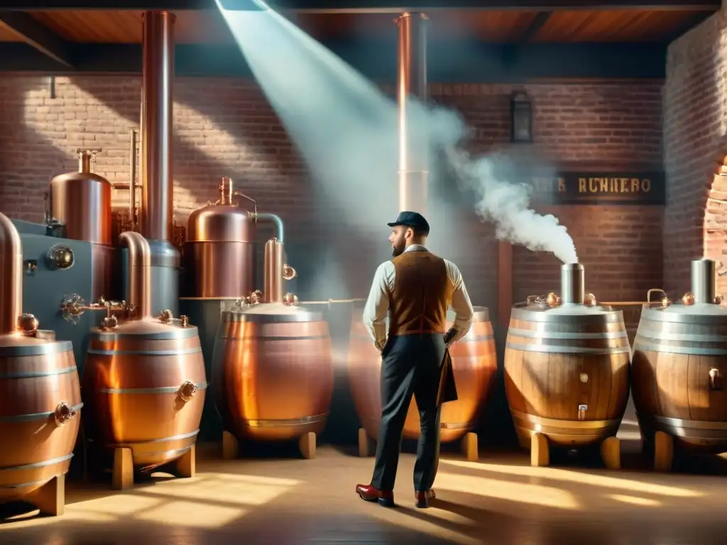 Destilería artesanal: tradición y maestría en cada destilación Destilación de bebidas alcohólicas modernas en una destilería vintage con alambiques de cobre relucientes y barriles de madera apilados
