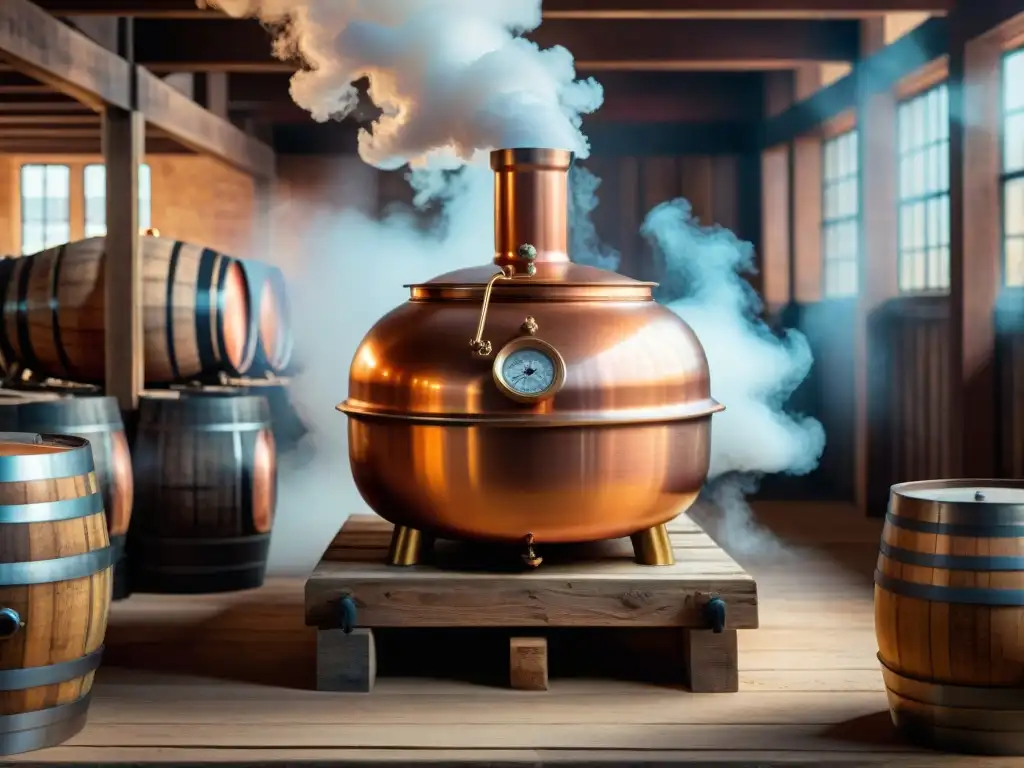 Destilación de whisky en alambique: tradición y arte vintage Destilación de bebidas alcohólicas modernas en una antigua destilería de whiskey con alambiques de cobre y barricas de añejamiento