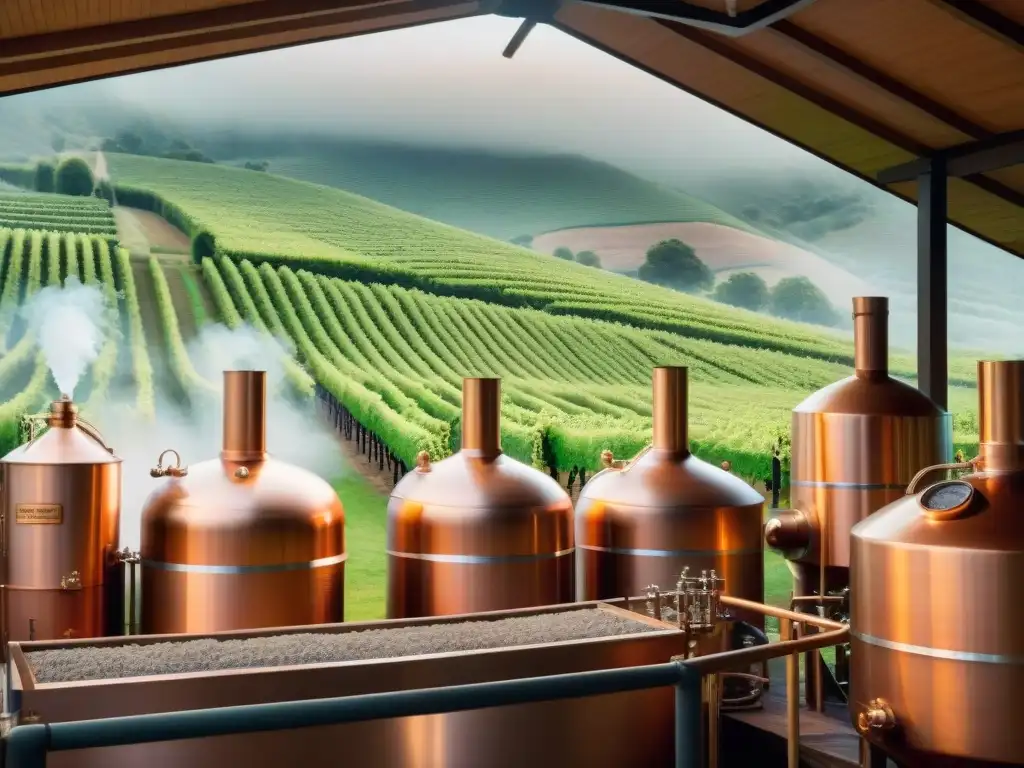 Destilería moderna: tradición y artesanía en la producción de alcohol Destilación de bebidas alcohólicas modernas en una destilería vintage con alambiques de cobre relucientes y trabajadores atentos