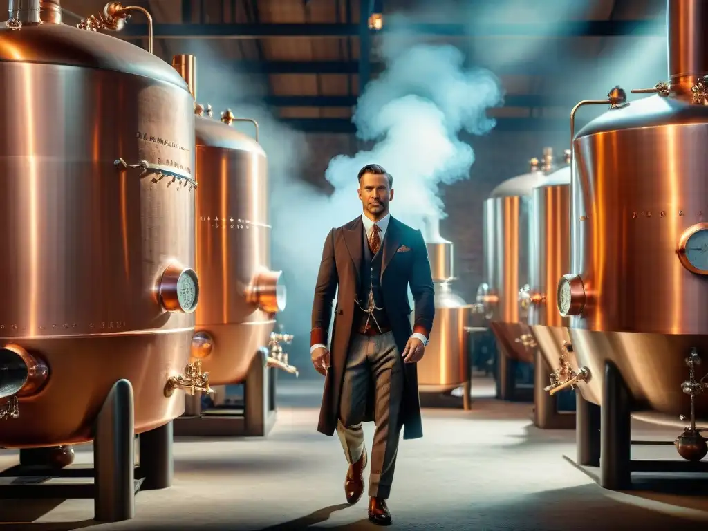Destilería histórica: tradición y destreza en destilación premium Destilación de bebidas alcohólicas modernas en una destilería histórica con alambiques de cobre relucientes y barriles de licor premium envejeciendo