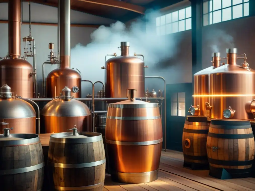 Destilería vintage: tradición y maestría en la destilación moderna Destilación de bebidas alcohólicas modernas en un taller de destilería vintage, resaltando alquitaras de cobre y barriles de madera apilados