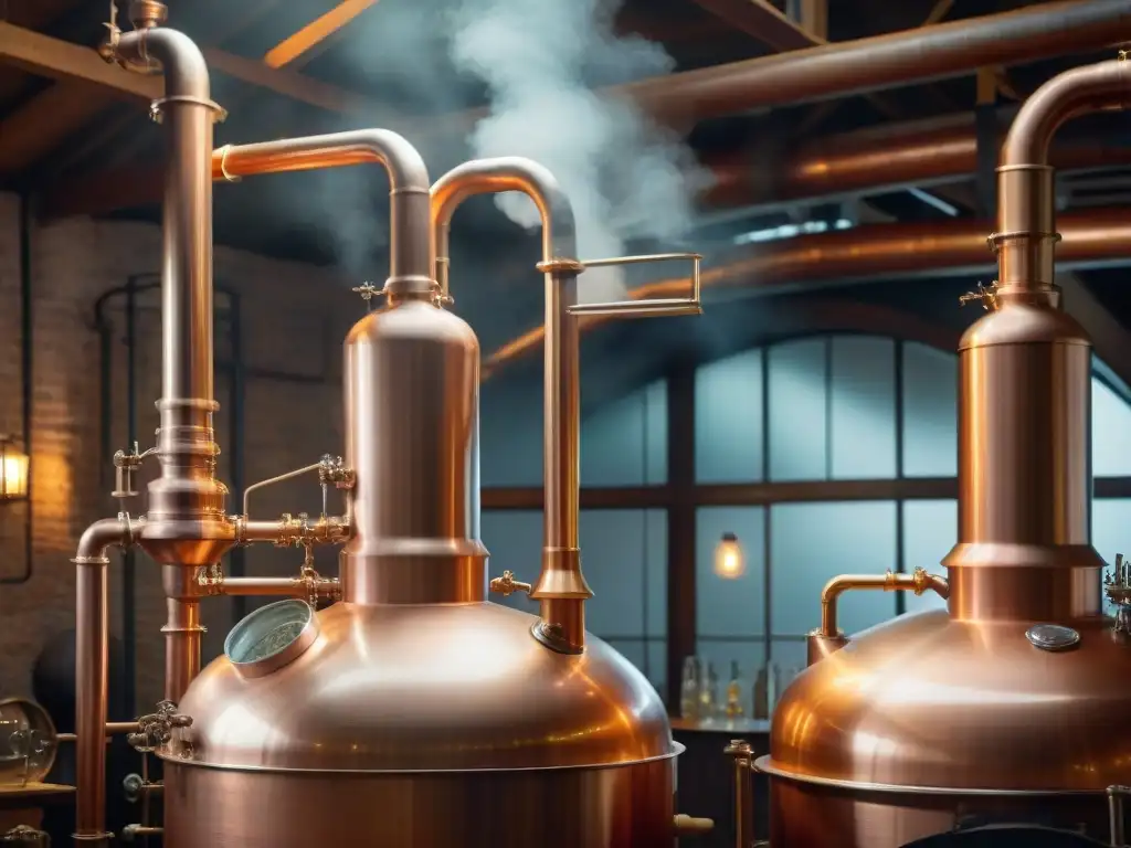 Destilación artesanal: cobre reluciente en destilería rústica Destilación de bebidas alcohólicas modernas en un alambique de cobre vintage, iluminado cálidamente en una destilería rústica