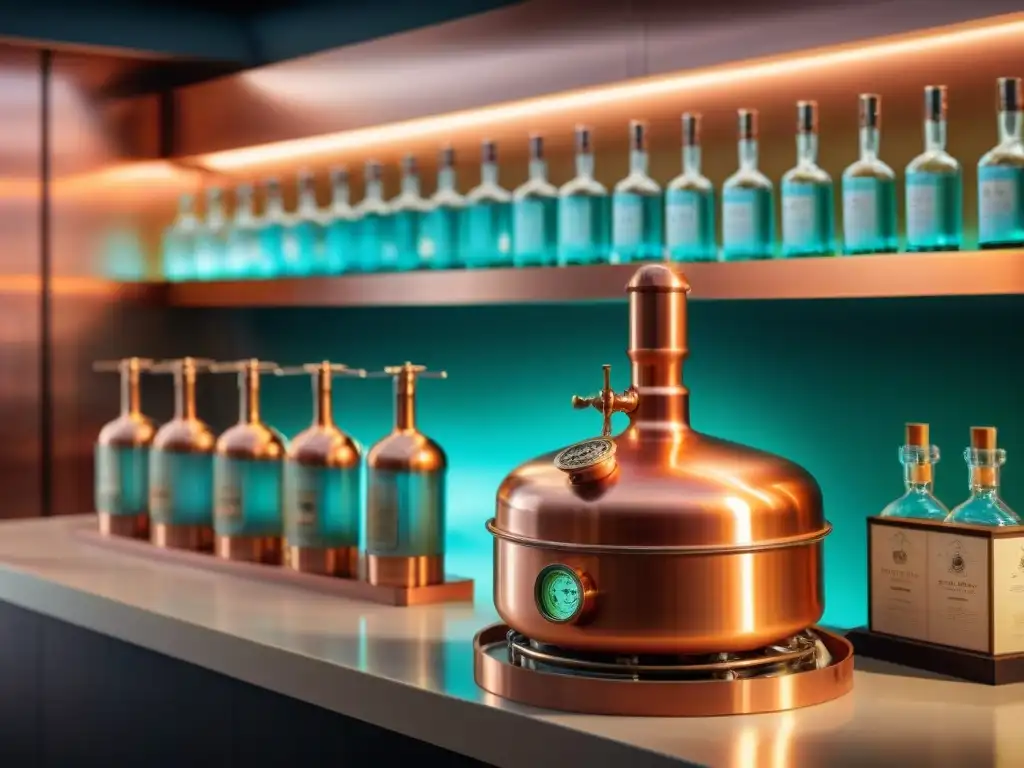Alambique de cobre vintage y modernas botellas de licor Destilación de bebidas alcohólicas modernas: Imagen detallada de alambique de cobre vintage, brillando bajo luz suave, con botellas de licores modernos al fondo