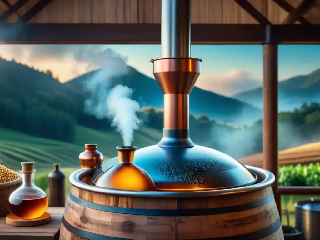 Destilería rústica en granja orgánica: detalle en 8k Destilación de bebidas alcohólicas orgánicas: Una destilería rústica entre campos verdes, con un alambique de cobre brillante