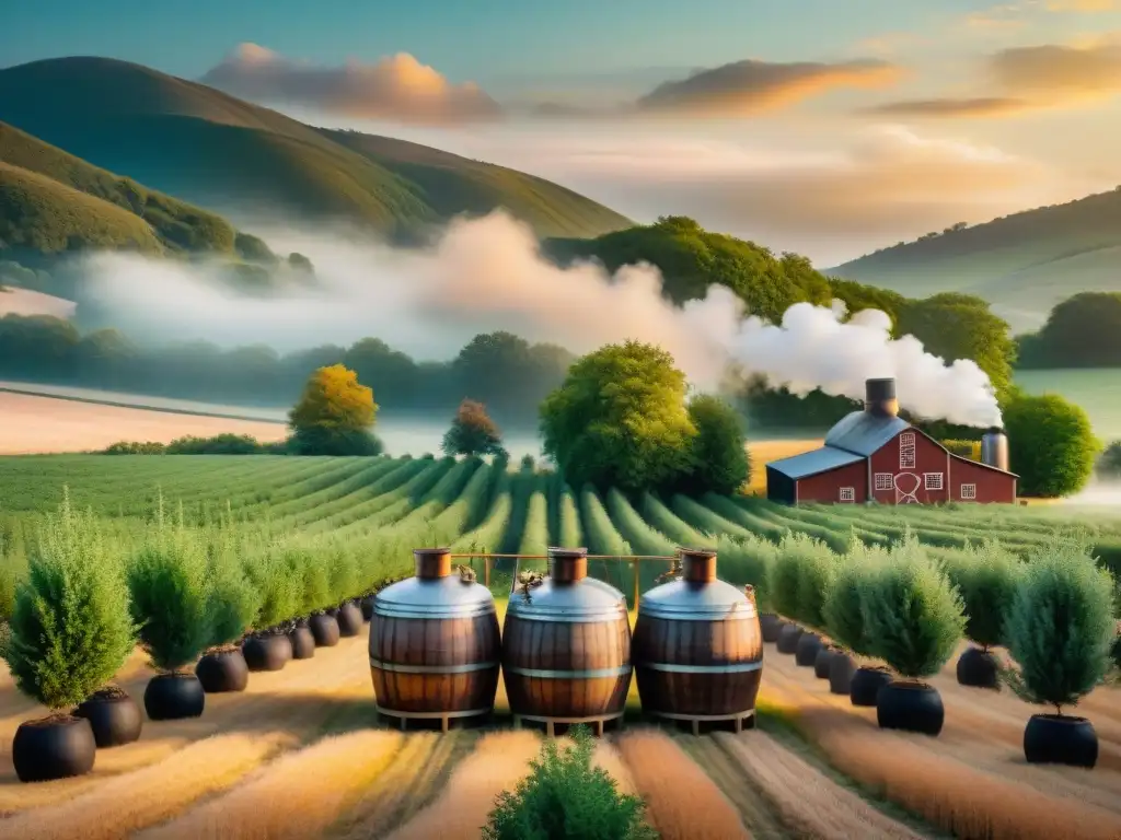 Destilería orgánica: tradición y belleza en la puesta de sol Destilación de bebidas alcohólicas orgánicas en una destilería rústica entre campos verdes al atardecer