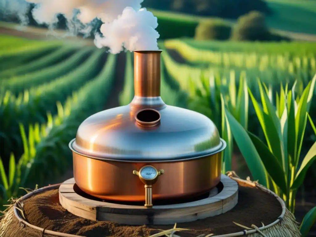 Destilación orgánica: alquimia entre cobre y naturaleza Destilación de bebidas alcohólicas orgánicas: un alambique de cobre rodeado de campos verdes de caña de azúcar y viñedos bajo el sol