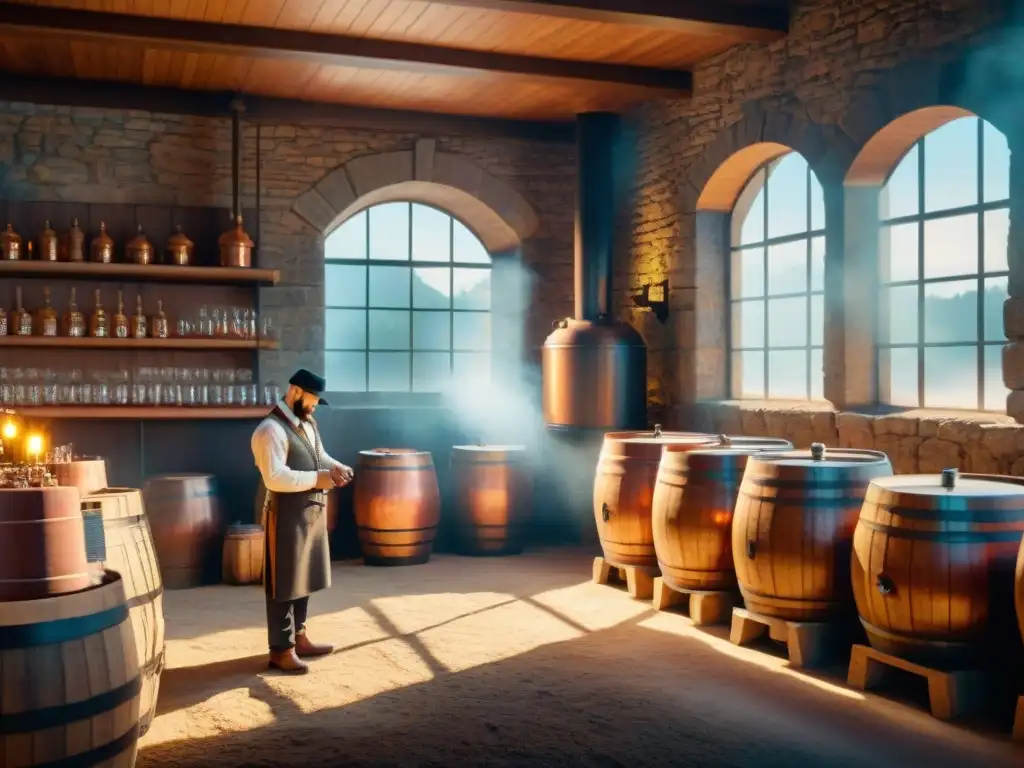Destilería orgánica: arte y tradición en la elaboración de licores Destilación de bebidas alcohólicas orgánicas en una escena rústica de destilería vintage con alambiques de cobre y barriles de madera