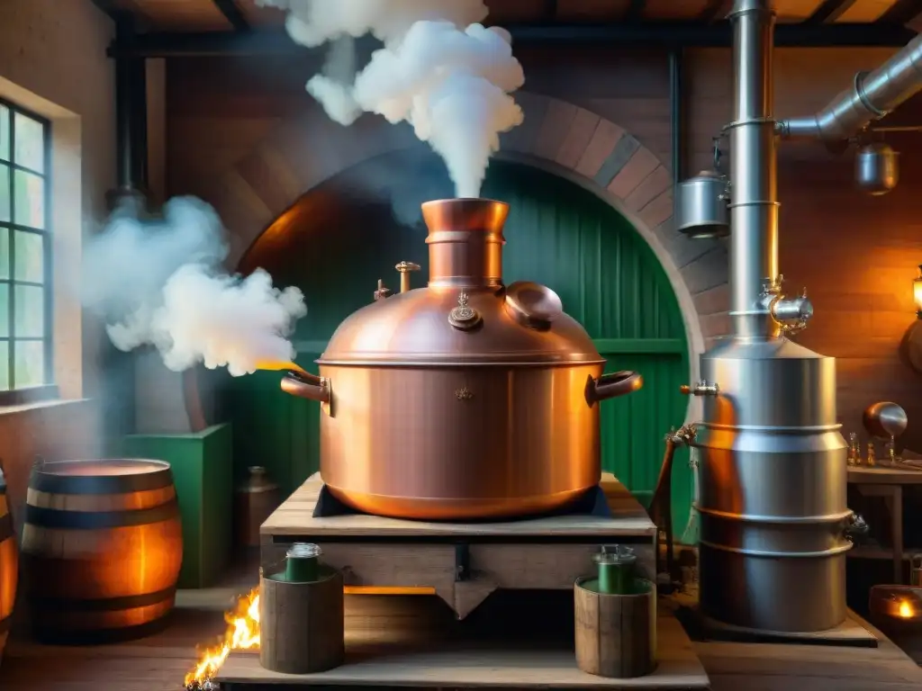 Destilación artesanal: alambique de cobre en acción Destilación de bebidas alcohólicas orgánicas en una destilería rústica con alambique de cobre y vapor