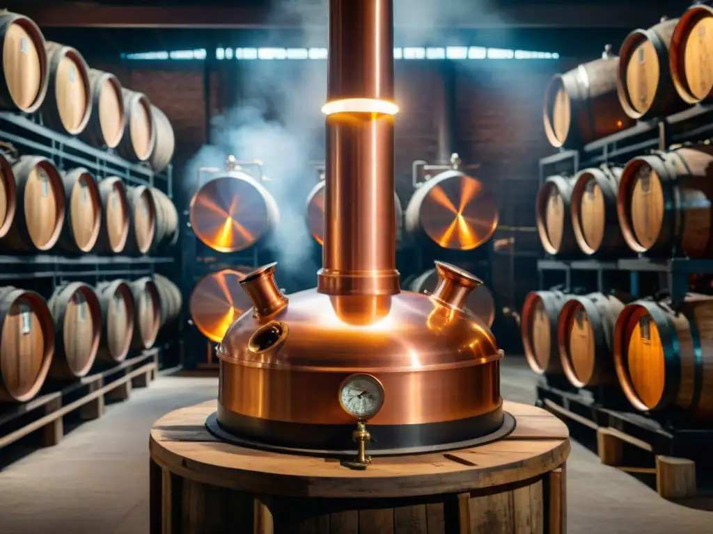Destilación artesanal: pot still de cobre en destilería Una destilación de bebidas alcohólicas premium: una alambique de cobre tradicional con grabados culturales iluminados por el fuego en una destilería