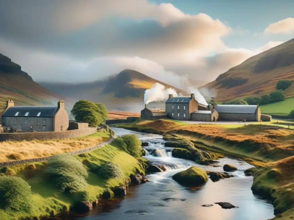 Destilería de whisky en las Tierras Altas de Escocia: historia y naturaleza en armonía Destilación de bebidas alcohólicas premium en una destilería escocesa tradicional entre las colinas verdes y cielo nublado