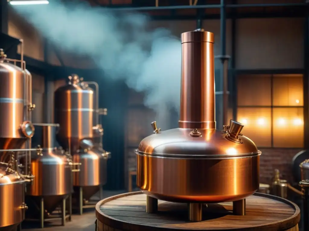 Alambique de cobre: tradición y destreza en destilería premium Destilación de bebidas alcohólicas premium: alambique de cobre reluciente en destilería atmosférica