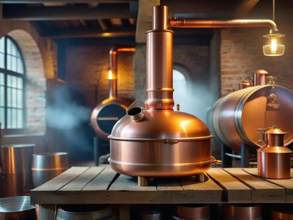 Alambique de cobre vintage en destilería artesanal Una destilación de bebidas alcohólicas regionales: un alambique de cobre en una destilería rústica, iluminado por una suave luz ambiental