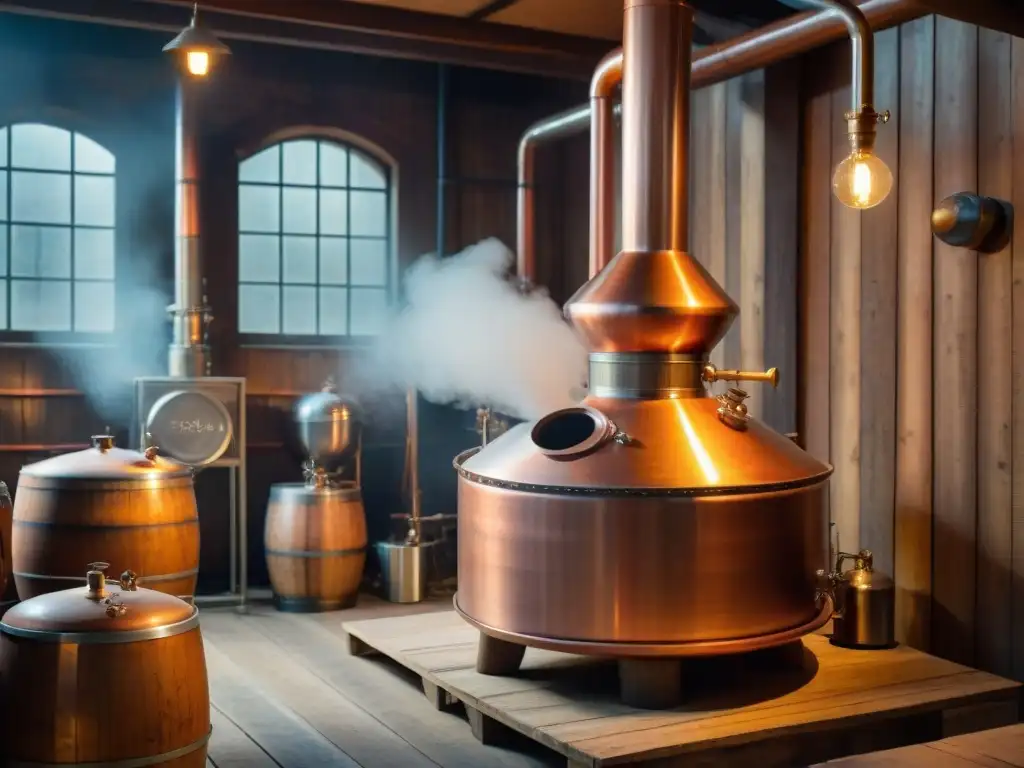 Destilación artesanal: antigua alquimia en destilería rústica Destilación de bebidas alcohólicas regionales: Imagen detallada de un alambique de cobre antiguo, brillando en una destilería rústica