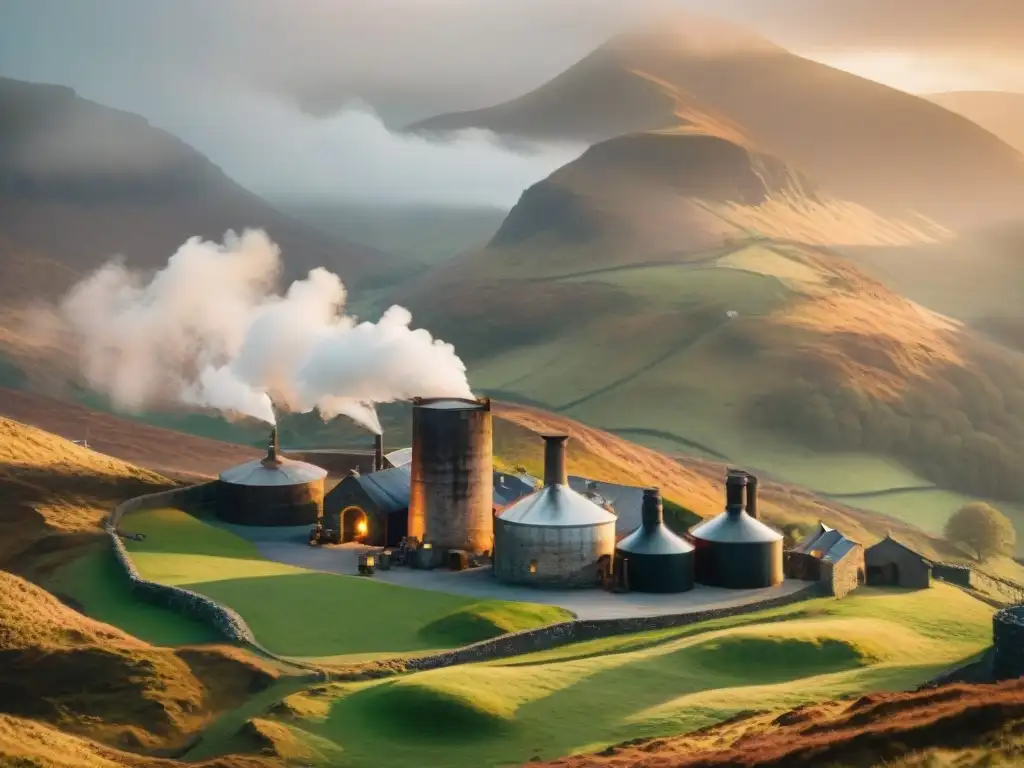 Destilería histórica en las Highlands: alambiques de cobre al amanecer Destilación de bebidas alcohólicas regionales: Cobre reluciente en una destilería histórica de las Tierras Altas escocesas al amanecer