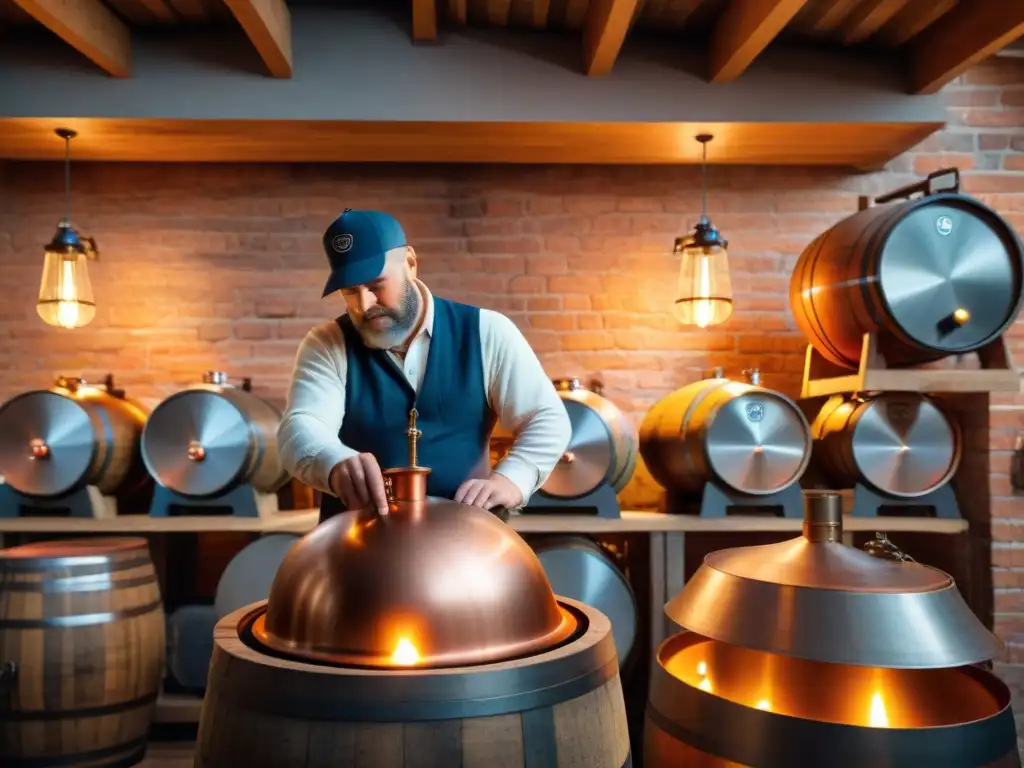 Alambique de cobre en destilería histórica Destilación de bebidas alcohólicas sostenible: Escena mágica en destilería con alambique de cobre, barriles de roble y destilador artesanal