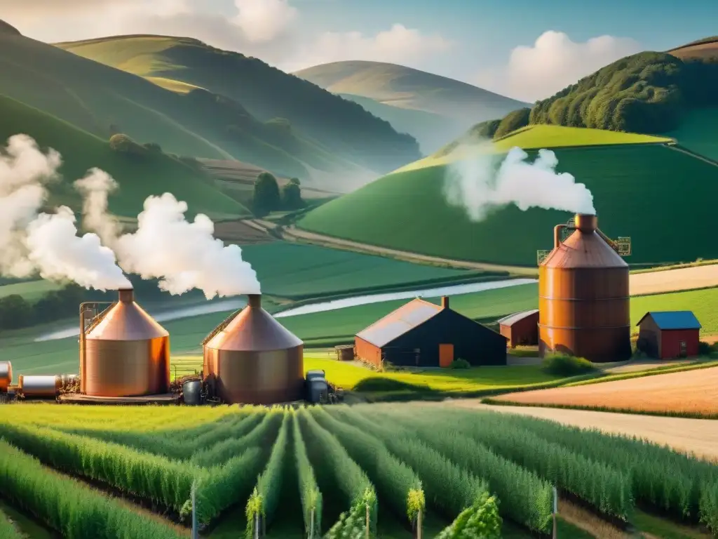 Destilería tradicional: artesanía y naturaleza en armonía Destilación de bebidas alcohólicas sostenible en una destilería vintage, con trabajadores, campos de cebada y colinas verdes
