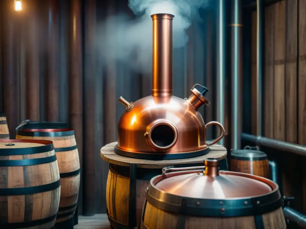 Destilación artesanal: alambique de cobre y barricas envejeciendo licores Destilación de bebidas alcohólicas sostenible: Detalle de alambique de cobre en bodega iluminada con barriles de madera envejeciendo licores