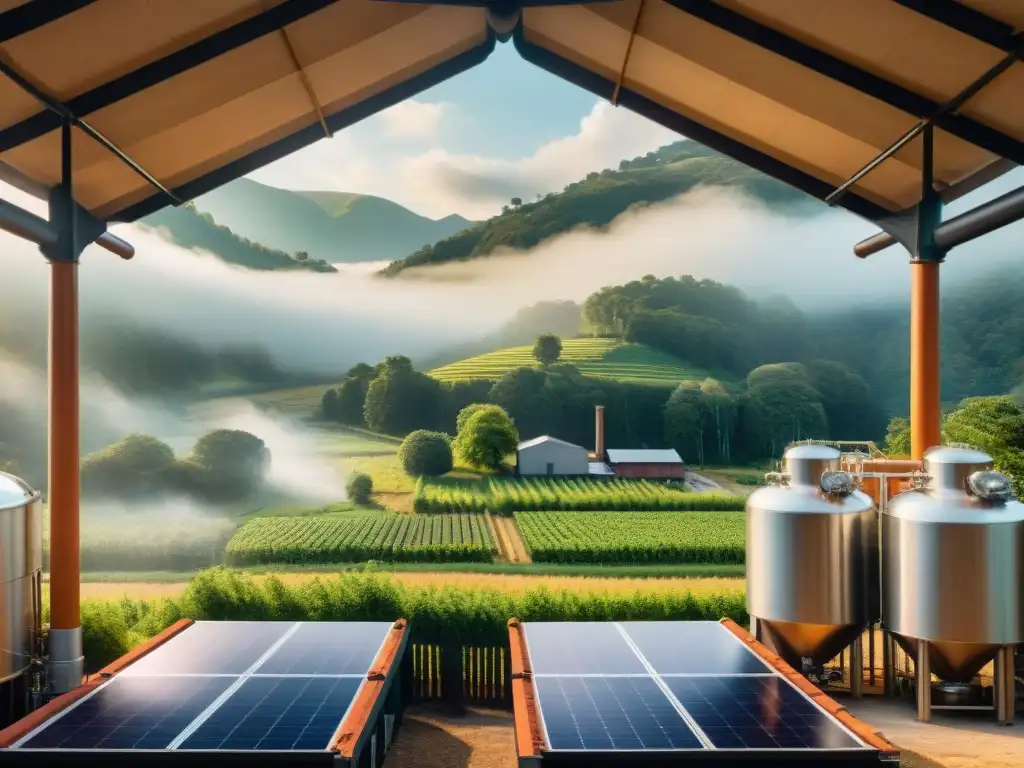 Destilería ecoamigable: tecnología y tradición en armonía Destilación de bebidas alcohólicas sostenible: moderna destilería con paneles solares, reciclaje de agua y tradición en armonía