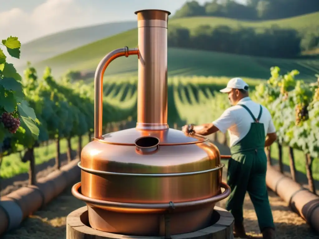 Destilación artesanal de calidad: tradición y sostenibilidad Destilación de bebidas alcohólicas sostenible: alambique de cobre tradicional brillando en el sol, viñedos verdes y vendimia en el fondo
